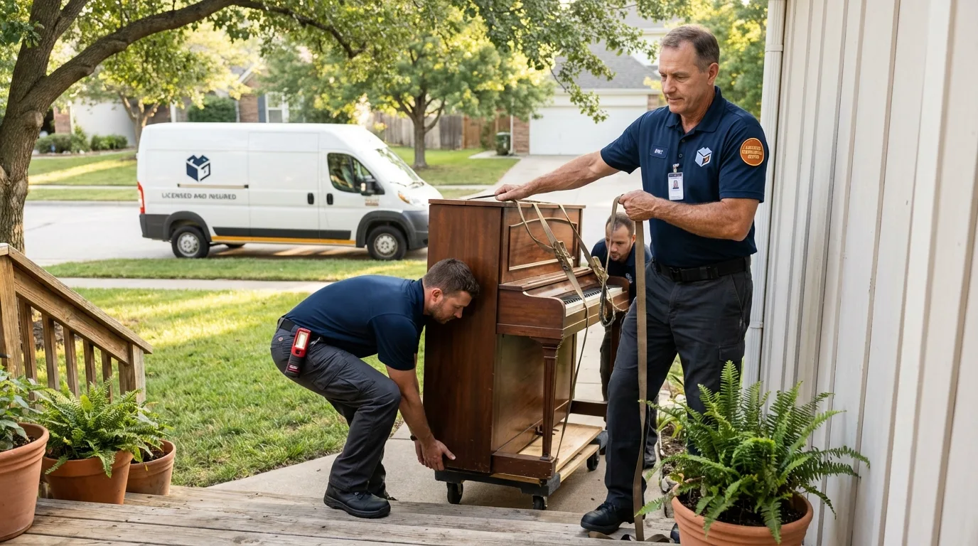 Licensed piano movers securing grand piano in Plymouth, NH