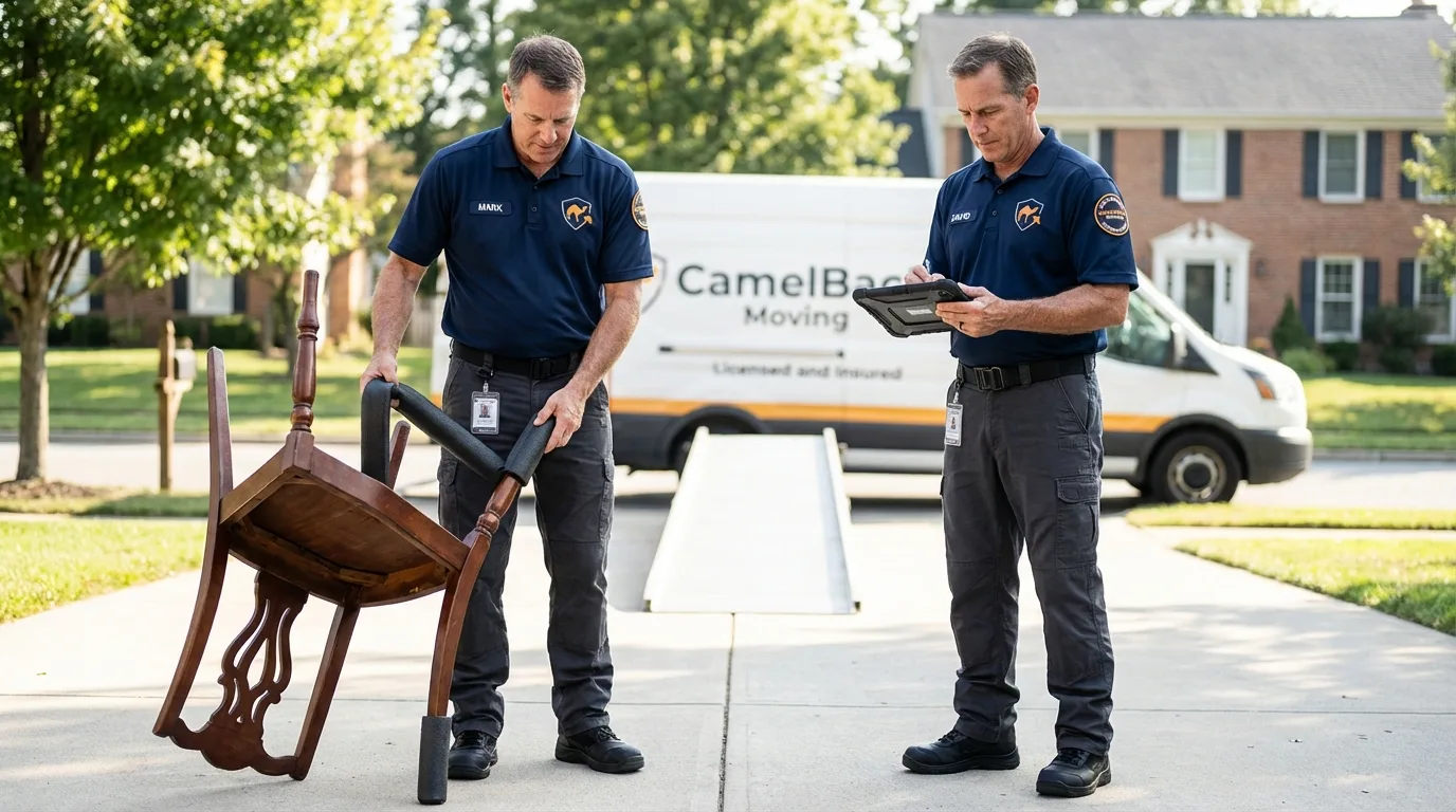 Movers inspecting furniture for damage prevention before loading in Plymouth, NH