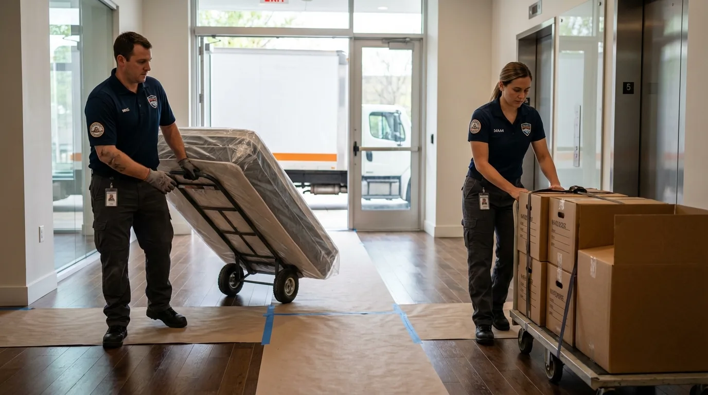Professional apartment movers loading elevator in Plymouth, NH