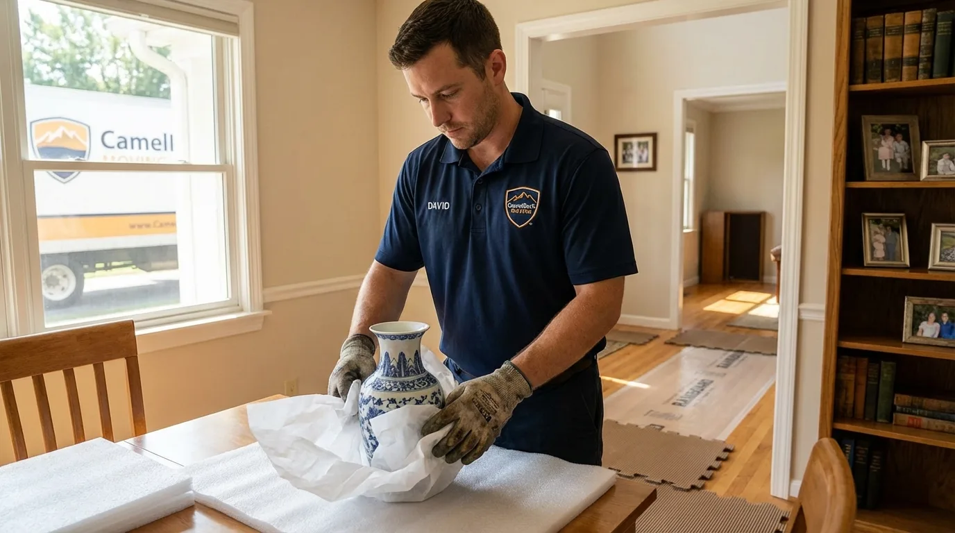 Professional crew carefully wrapping antique vase for senior downsizing move in Plymouth, NH