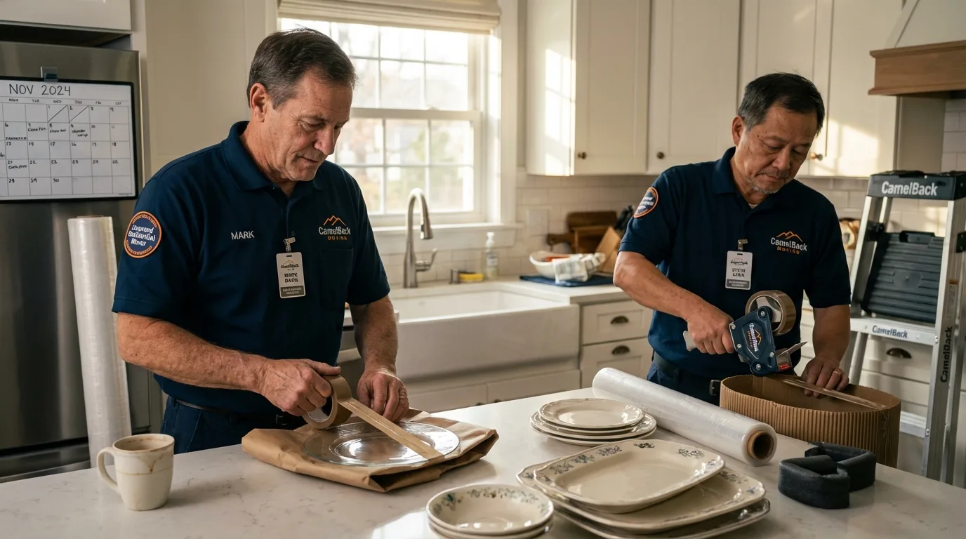Professional crew packing kitchen dishware in Plymouth, NH